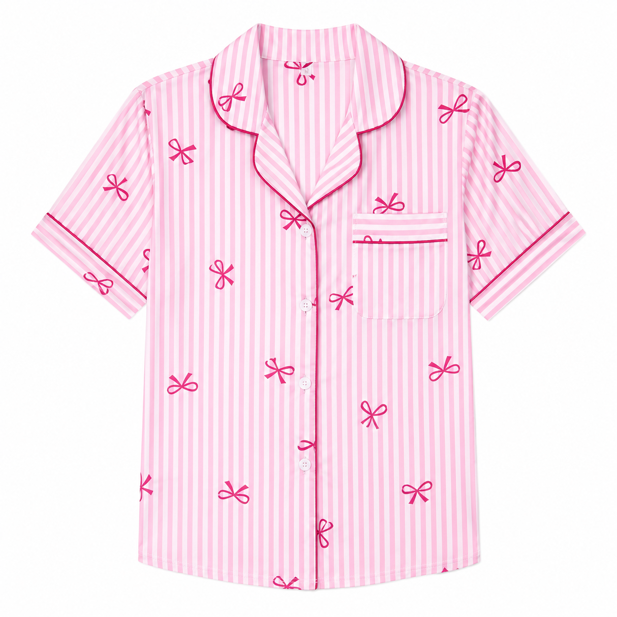 Dream Adore Conjunto de Pijama Feminino com Gravata Borboleta Listrada de Seda Falsa e Manga Curta