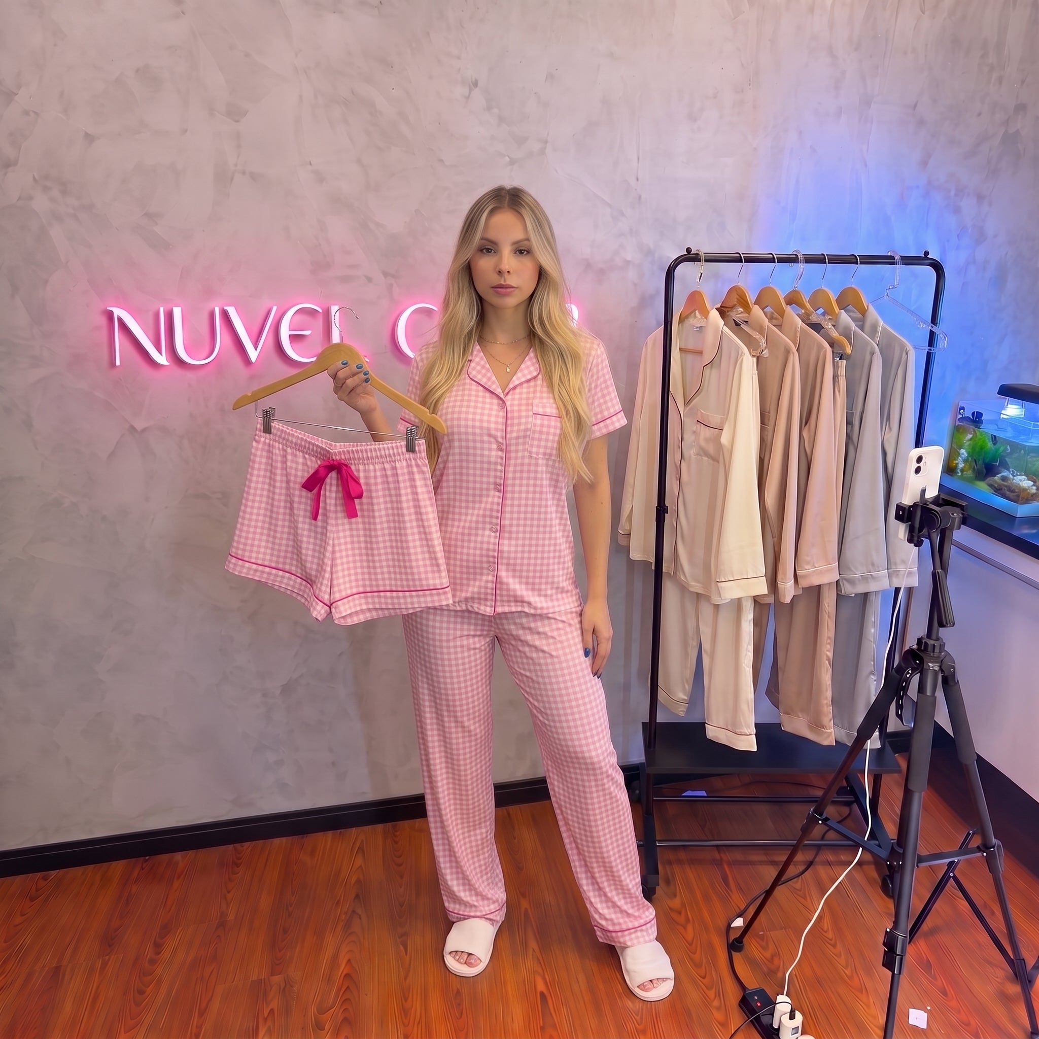 Pijama Americano Kit 3 Peças Xadrez Rosa